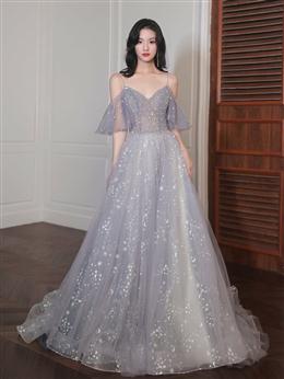 Picture of Chic Tulle and Beaded Low Back Long Evening Gown, A-line Long Formal Dresses Party Dresses